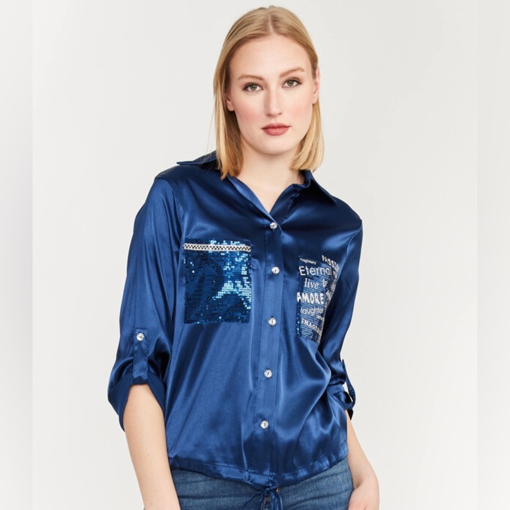 FRANK LYMAN DESIGN Blue sequin Satin Pocket Shirt script print Blouse S 223409U